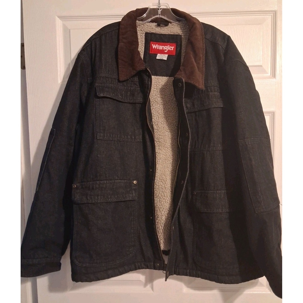 NEW Wrangler Mens 3XL Black Denim Sherpa Lined Chore Barn Jacket Corduroy Collar